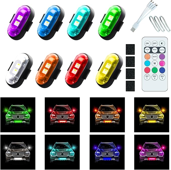 8PCS RGB Led Aircraft Strobe Lights For Cars, 8Colors High Brightness Wireless Led Strobe Light with Remote Control USB Waterproof Anti-Collision Warning Lights For Motorcycle Drone Aircraft Bike Boat