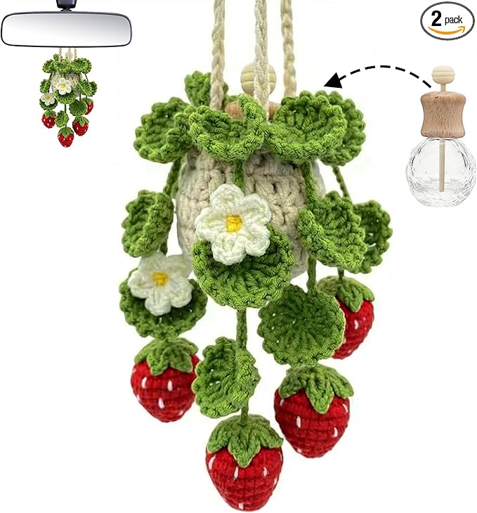 Crochet Car Air Freshener Hanging, Cute Hanging Plant for Cars, Crochet Strawberry Plant with 10ml Empty Refillable Oil Diffuser Bottle, Handmade Boho Car Ornament Charms for Rear View Mirror, Red