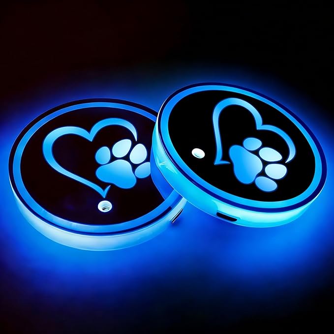 Heart Dog Paw LED Cup Holder Lights for Car,2Pcs LED Light Up Cup Holder Coasters with USB Charging 7 Colors,Waterproof Interior Atmosphere Lamp,Car Decor Accessories Gifts for Women Men Pet Love