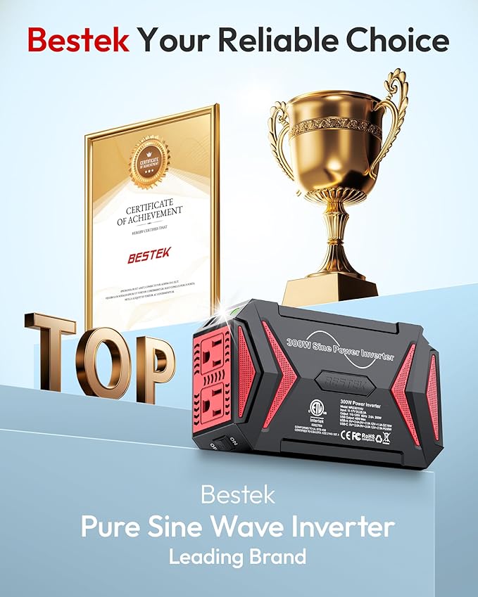 BESTEK Pure Sine Wave Power Inverter - 300W Car Plug in Charger Outlet DC 12V to 110V AC - Cigarette Lighter Adapter 4.8A Dual USB Fast Charging Ports for Phone, Laptop, CPAP - Black