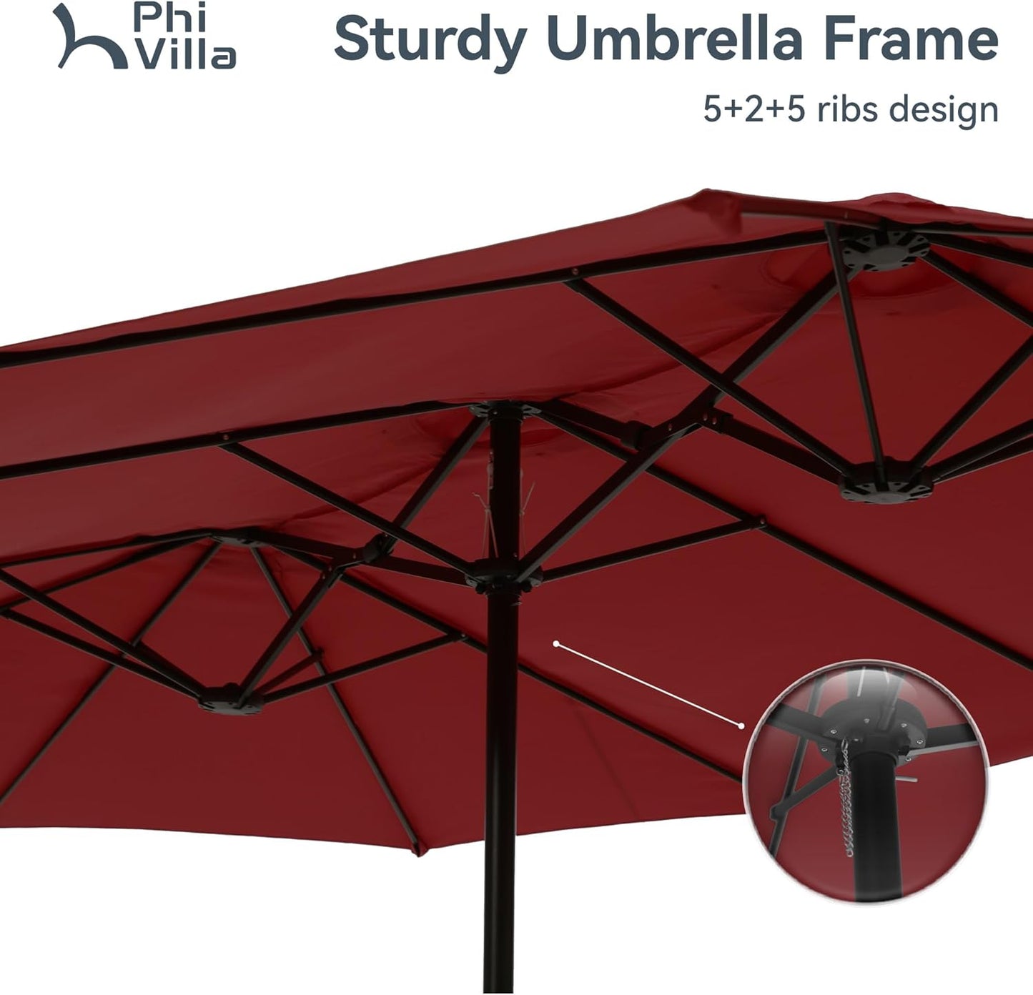 PHI VILLA 15ft Patio Umbrella Double-Sided Outdoor Market Extra Large Umbrella with Crank, Umbrella Base Included (Dark Red)