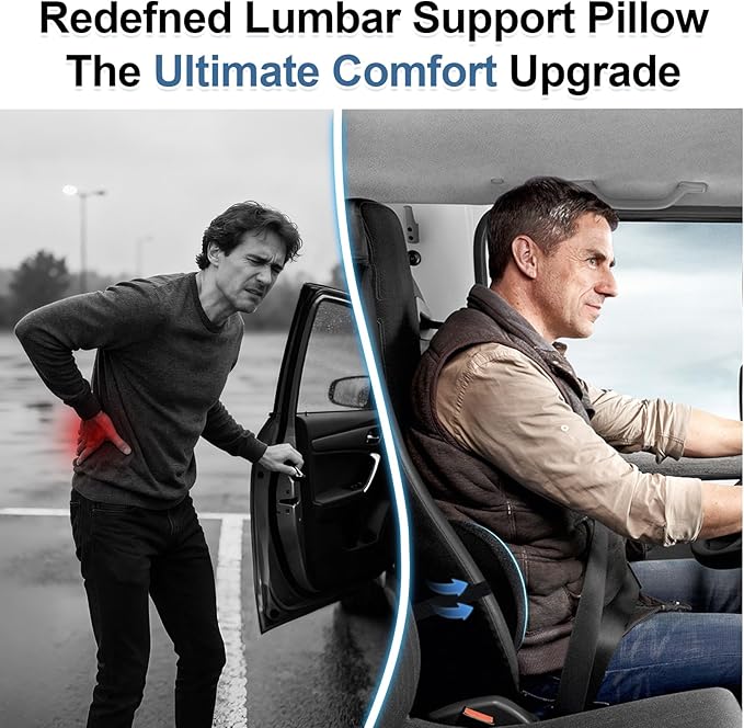 BYMECOST Lumbar Support Pillow for Car, Ergonomic Back Cushion with Strap, Memory Foam Lower Back Support Cushion for Driving, Lumbar Pillow for Pain Relief, for Office Chair, Long Sitting (Black)