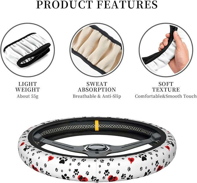 Dog Paws Print Steering Wheel Cover Women Men Elastic Stretch Soft Car Wheel Protector Universal Breathable No-Slip Car Accessories for Truck Van SUV Auto Fit 14-15 Inches