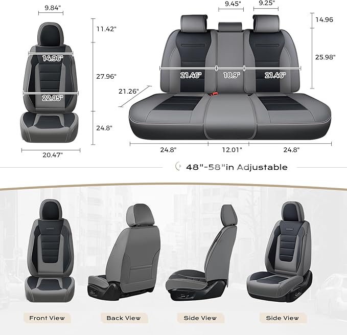 Coverado Car Seat Covers Full Set, Nappa Leather Seat Covers for Cars, Car Seat Protector Car Seat Cushion, Front and Back Seat Protectors Cushions Universal Fit for Most Cars Vehicles(Gray&Black)