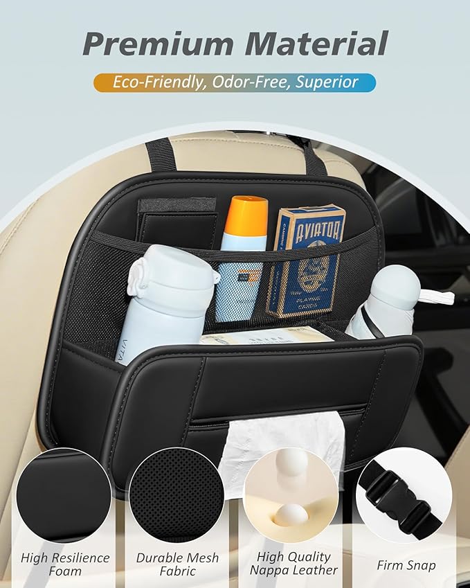 FLORICH 5-in-1 Car Backseat Organizer, Premium Leather Headrest Seat Back Storage Pocket with Cup Holder, Foldable Hanging Car Tissue Holder 1 Pack