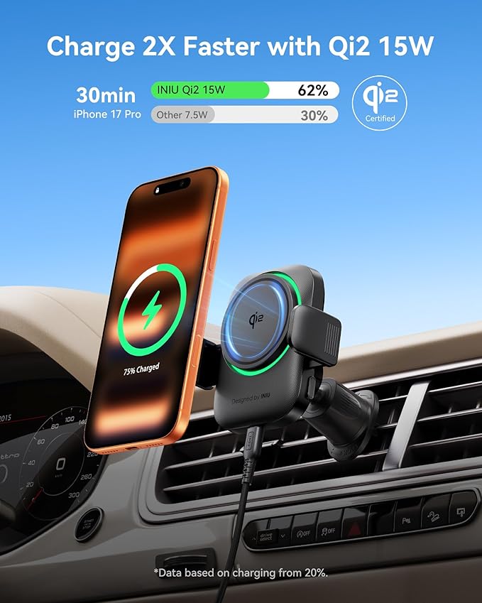 INIU Wireless Car Charger, Qi2 Certified Car Phone Holder for Magsafe, 15W Fast Charging Magnetic Car Mount Charger Auto Clamping Car Accessories Air Vent for iPhone 17 16 15 14 13 12 Pro Max Air etc