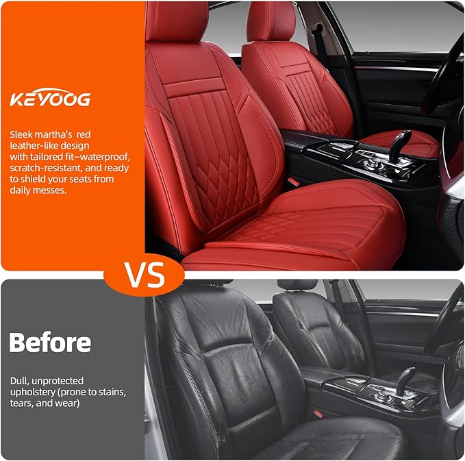 KEYOOG Universal 2-Seater Waterproof Breathable Nappa Leather Car Seat Covers Full Set, Fit for Front Seats, Compatible with Dodge Journey, Toyota Yaris, Honda Pilot HR-V City, Fit Most Sedans SUV Red