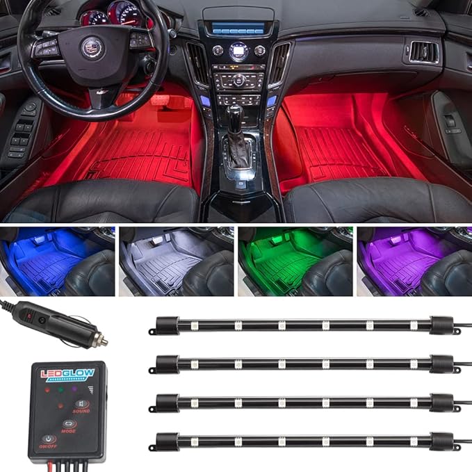LEDGlow 4pc Multi-Color LED Interior Footwell Underdash Neon Light Kit for Cars & Trucks - 7 Solid Colors - 7 Patterns - Music Mode - Auto Illumination - Universal - Includes Cigarette Power Adapter