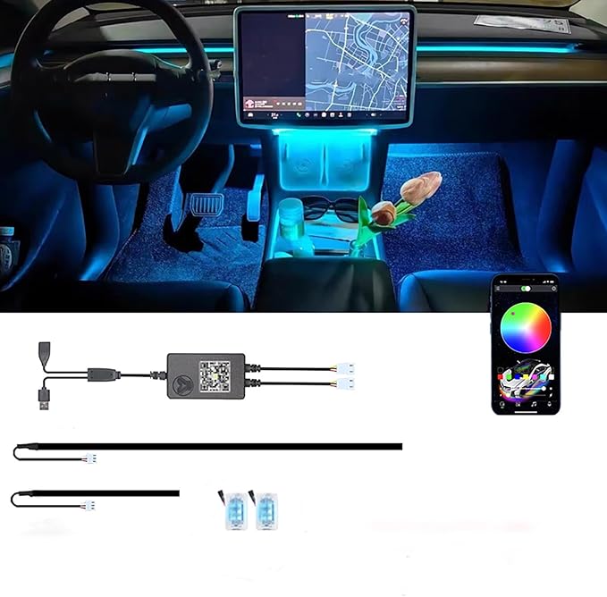 Interior Neon Lights for Tesla Model Y/3, Dreamcolor Acrylic Interior Car LED Strip Light for Tesla, Dynamic Chasing Music Sync Neon Ambient Lighting Kits for Tesla Model Y/3 (2 Strip Set B)