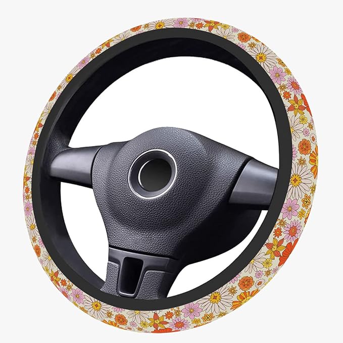 Colorful Daisy Steering Wheel Cover, Orange Floral Print Steering Wheel Cover Protector for Women, Ultra-Thin with Personalized Pattern Design, for Steering Wheel with a Diameter of 14.5"-15"