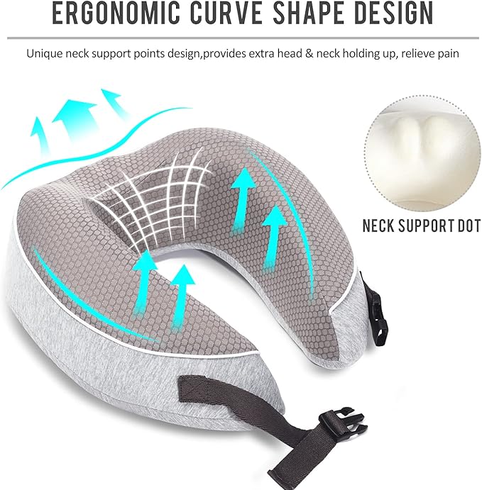 Travel Pillow for Airplane Memory Foam - Neck Support Travel Pillows for Sleeping, Traveling, Car, Home - Adult Flight Pillow Kit with Sleep Mask, Earplugs, Breathable Cover Machine Washable, Gray