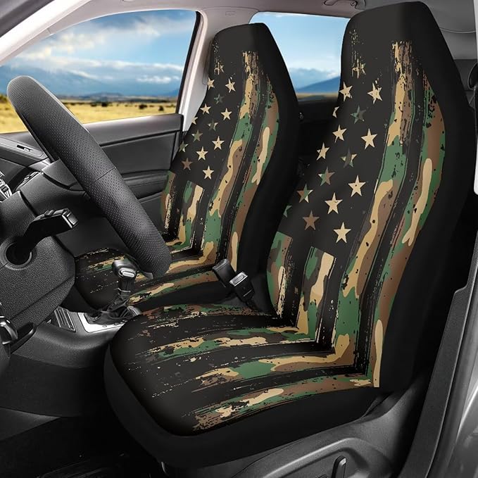 ELEQIN Car Seat Covers, Camo US Flag Print Seat Cover Front Car Seat Cushion, Front Auto Protector Universal Fit Most Cars, Automotive Interior Accessory