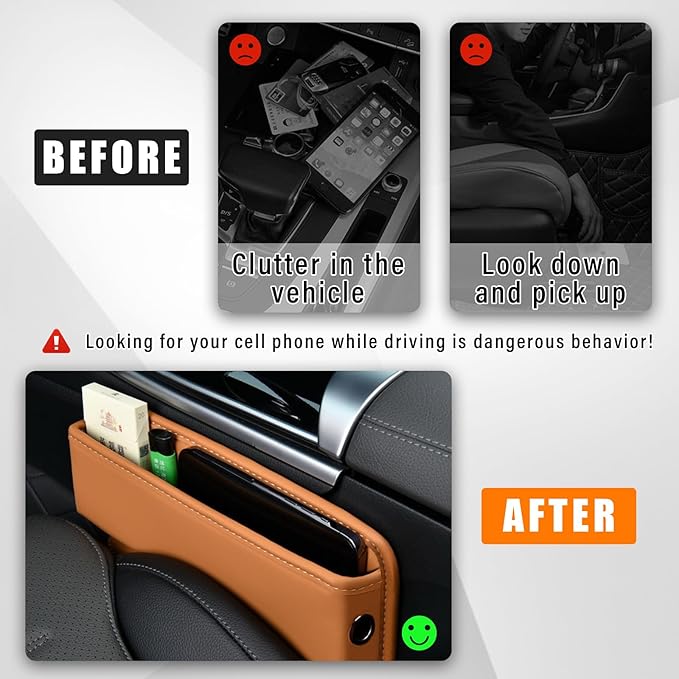 Ziciner Car Seat Gap Organizer, Premium Leather Auto Seat Storage Box, Vehicle Adjustable Front Seat Gap Filler, Car Seat Side Pocket Organizer for Phones, Glasses, Keys, Money, Cards (Khaki)