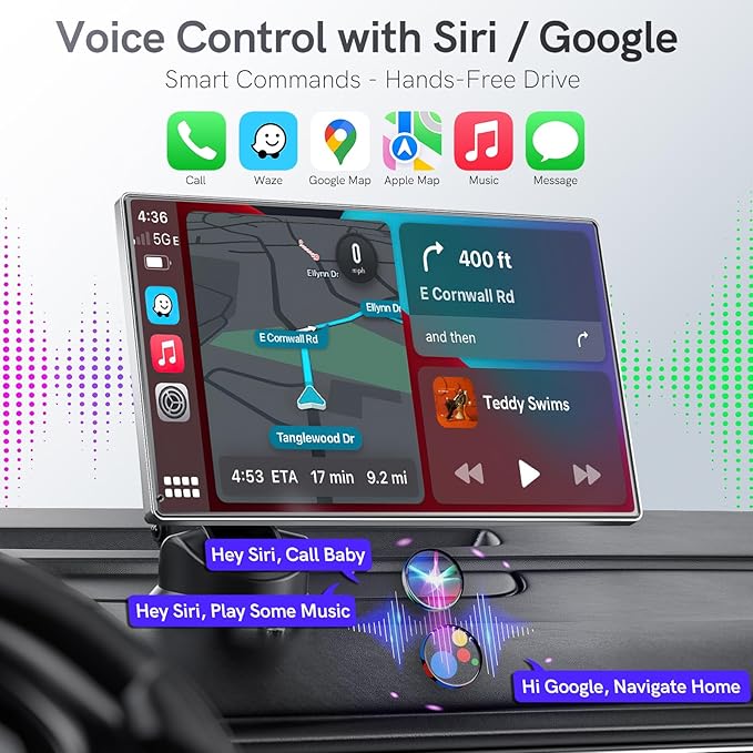 Portable CarPlay Screen for Car,Car Stereo with Apple CarPlay & Android Auto,Incell Touch Screen,4K Dash Cam,1080P Backup Camera,Mirror Link, Voice Control, Bluetooth 5.3,GPS,FM (9 Inch)