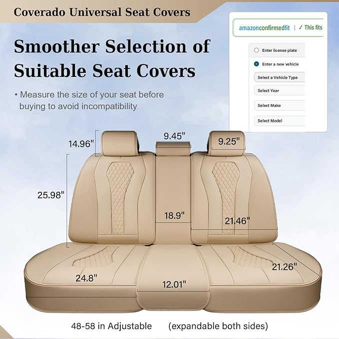 Coverado Automotive Seat Covers, Back Car Seat Cover, Rear Seat Cover, 3-Pieces Luxury Car Seat Cushion, Beige Seat Cover Seat Protector Universal Fit Most Cars