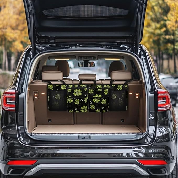 Green Heart Leaves Car Trunk Organizer St. Patrick Day Hanging Car Storage Bag with Lid Back Seat Car Organizer Space Saving Expert
