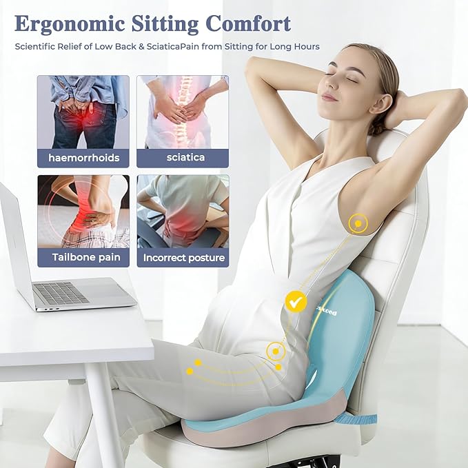 Memory Foam Seat Cushion for Sciatica & Back Pain Relief - Ergonomic Chair Pad with Adjustable Strap & Supportive Comfort Cover, Non-Slip for Car, Truck, Office Chair - Blue