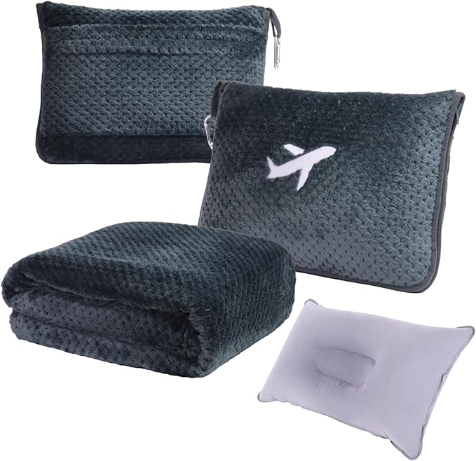 3 in 1 Travel Blanket Pillow Set - 350 GSM Thick Travel Blanket Airplane Compact with Bag, Soft Bag with a Pocket, Inflatable Travel Pillow for Camping & Car Trip (Dark Grey)