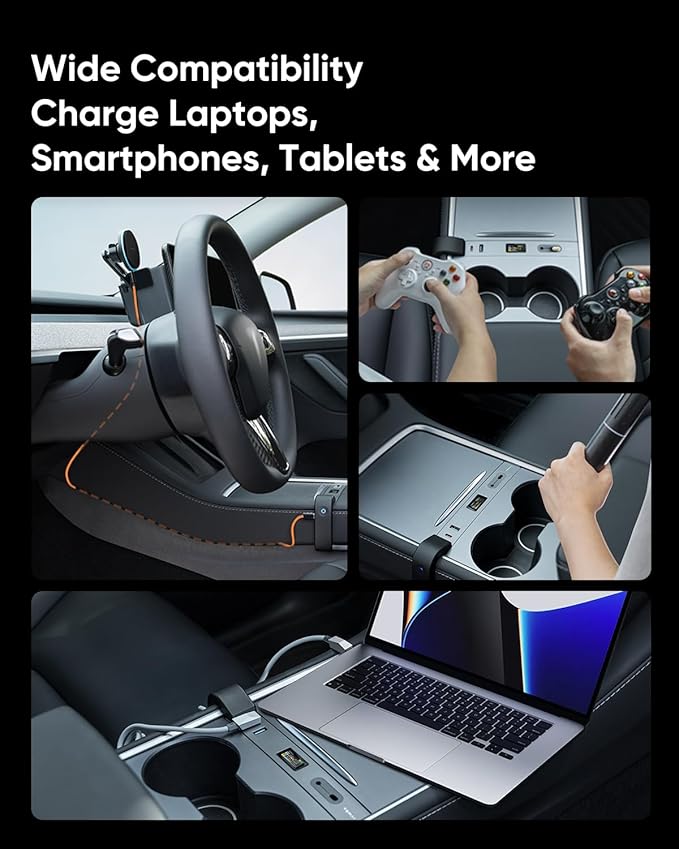 Tesla Model 3/Y USB Hub - Center Console Fast Charging Adapter, 100W Max Power, Hidden Cable Management, IPS Display, Smart Power Distribution for Tesla Model 3 (2021-2023) & Model Y Accessories