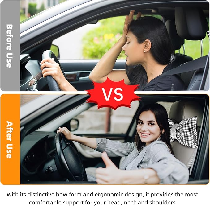 2 PCS Bling Car Pillows, Rhinestones Bowknot Bling Car Headrest Pillow, Car Neck Pillow for Driver Cool Relax Necksupport, White Crystal Diamond Car Accessories for Women