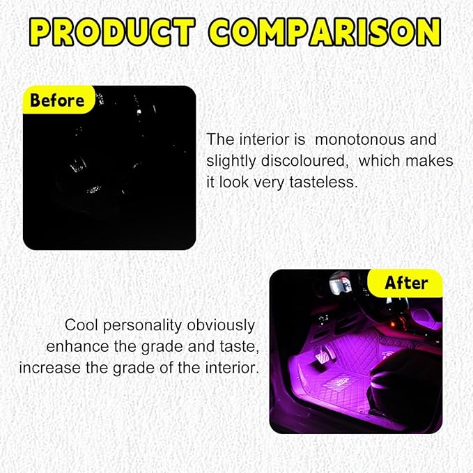 Car LED Strip Light, 48 LEDs RGB Neon Interior Atmosphere Lights, 12V Under Dash Ambient Night Light, Cigarette Lighter Auto Interior Decorative Lamp, Car Accessories (Pink Purple)