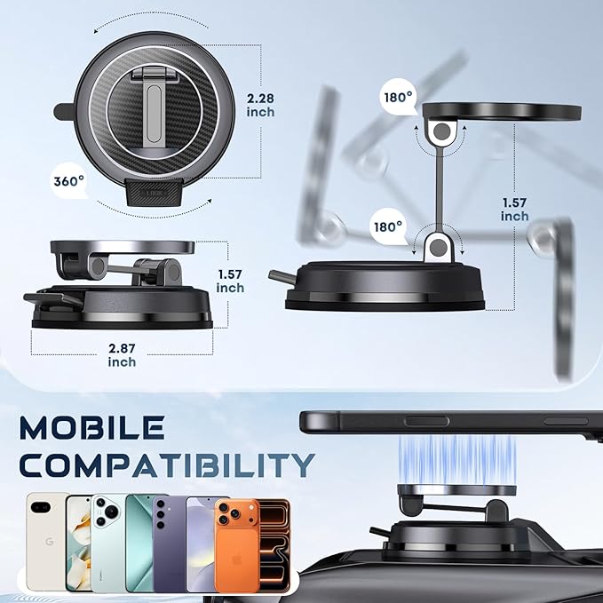 Strong Magnetic Phone Holder for Car & Desk, Compatible with MagSafe, Secure Lock, Universal 360° Rota-Table Car Phone Mount for Dashboard, Glass, Table, Carbon Fiber Deep Black