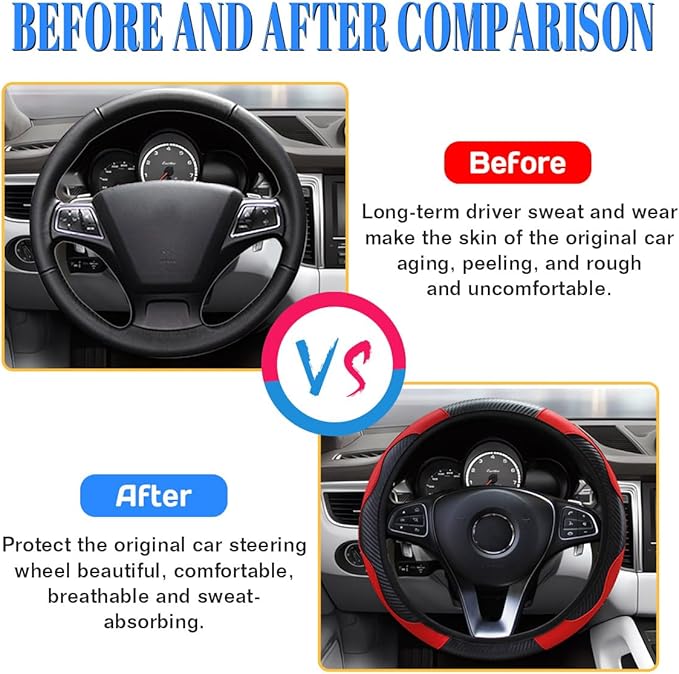 15 inch Car Steering Wheel Cover, Carbon Fiber Microfiber PU Leather Elastic Steering Wheel Protector for Men Women, Anti-Slip Breathable Car Interior Accessories (Red)