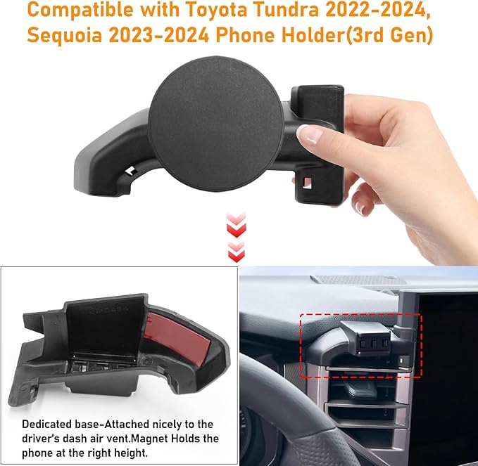 Compatible with Toyota Tundra Phone Holder 2022-2024 for Air Vent,3rd Gen Tundra/Sequoia Phone Mount Magnetic Navigation Bracket Anti-Shake,360 Degree Rotation Tundra Dashboard Cell Mount,Black