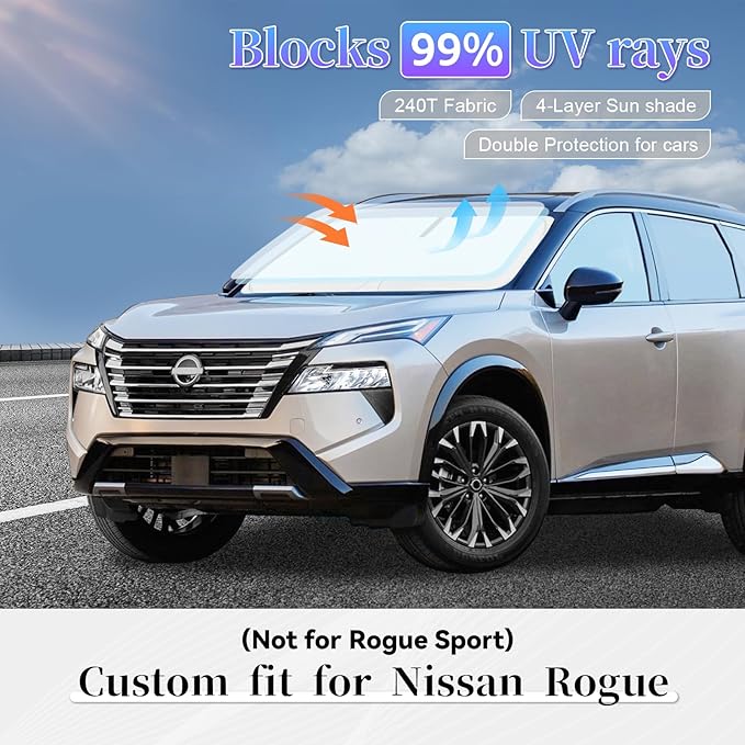 Sun Shade Sunshade for Nissan Rogue 2021-2025 2026 Windshield Cover,4-Layer Front Window Shade Custom Fit Rogue (Not for Rogue Sport) Sun Visor 240T Foldable Shade Shield Blocks UV Rays