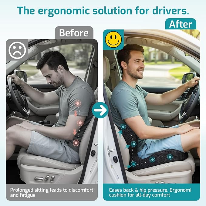Trucker Seat Cushion, Car Seat Cushions with Lumbar Support Pillow, Ergonomic L-Shaped Orthopedic Memory Foam Pad for Long Driving Back Pain Sciatica Relief, Drivers Office Workers (Black+ Gray)