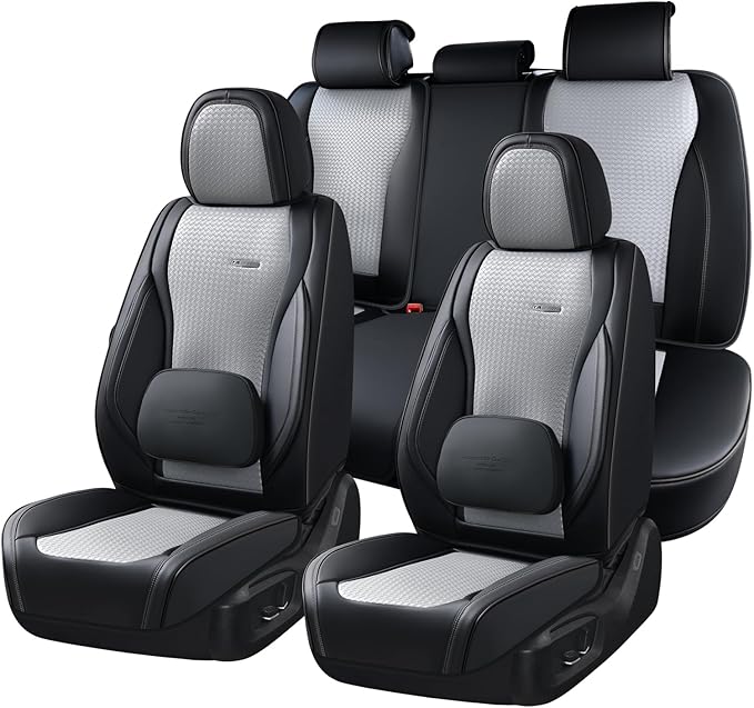 Coverado Car Seat Covers Full Set, Black Gray Seat Covers for Cars, Waterproof Nappa Leather Automotive Seat Covers with Lumbar Head Pillow, Car Seat Protectors, Universal Fit for Most Cars SUV