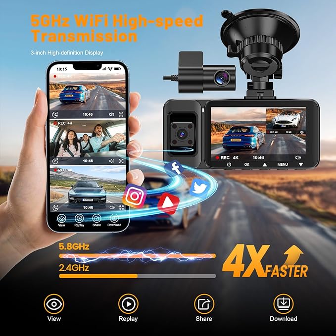 3 Channel 4K Dash Cam Front and Rear Inside, Wide-Angle 360 Camera for Car with 64GB Card Included, Durable Material Dash Camera with Loop Recording, Night Vision, G-Sensor, 5GHz WiFi, 24Hr Parking