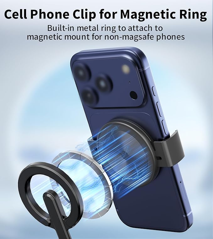 TONEOF Phone Clamp for Magnet with Metal Ring,Phone Mount Adapter for Magsafe Car Phone Holder,Quick Installation & Easy Removal Clip for All Phones/Magnetic Tripod/Magnet Mounts (Black,1 Pack)