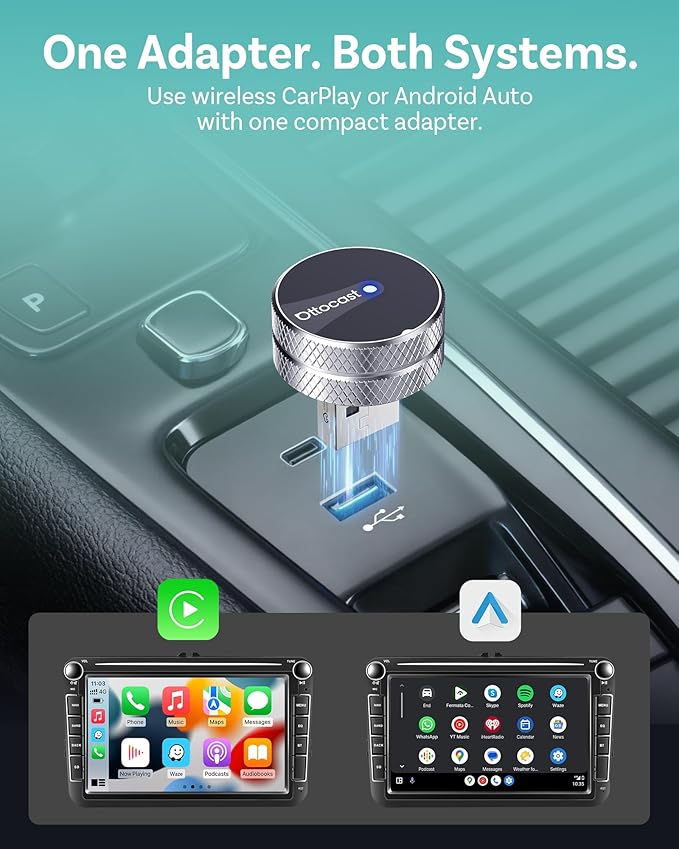OTTOCAST Mini Tube 2026 Wireless CarPlay & Android Auto Adapter, Ultra-Fast Auto Reconnect,WiFi 6 & Bluetooth 5.4,Mini Plug & Play Dongle for Cars with Wired CarPlay