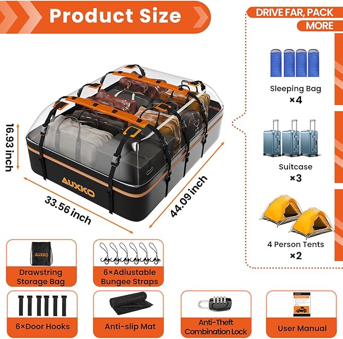 AUXKO 15 Cu.Ft Waterproof Rooftop Cargo Carrier for Cars/SUVs/Trucks, Foldable Soft Shell Roof Bag with Night-Reflective Strip, 6 Adjustable Bungee Straps & Door Hooks, Combination Lock, Anti-Slip Mat