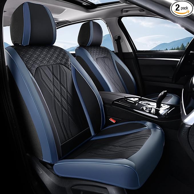 FLORICH Leather Front Car Seat Covers Waterproof Durable Front Seat Protector for Cars Luxury Seat Cover Breathable Vehicle Seat Cushion Universal Fit for Most Car Truck SUV, Black&Blue