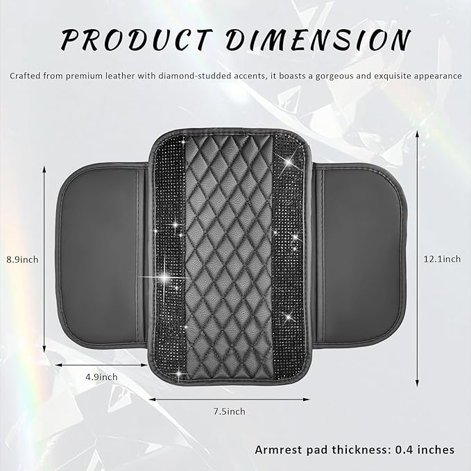 Sun Walker Bling Car Center Console Cover, Anti-Scratch Car Armrest Seat Box Cushion Pad with 2 Storage Bags, Leather Middle Console Protector Crystal Interior Accessories for Most Cars (Black)