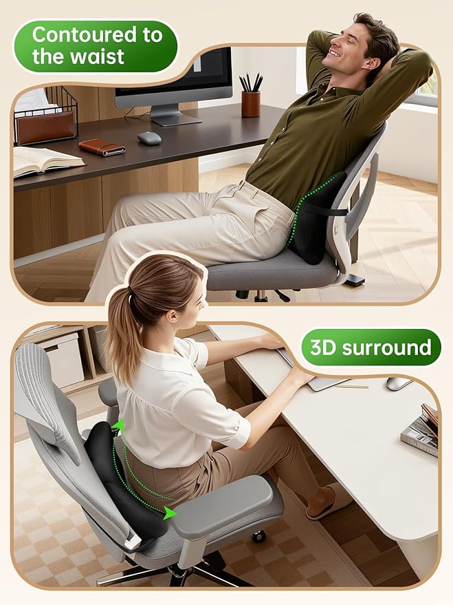 Benazcap Lumbar Pillow, Back Support for Office Chair, Car Seat, Sofa, Travel, Ergonomic Multi-Region Memory Foam & Adjustable Straps, Lower Back Pain Relief and Improved Posture Effectively, Black