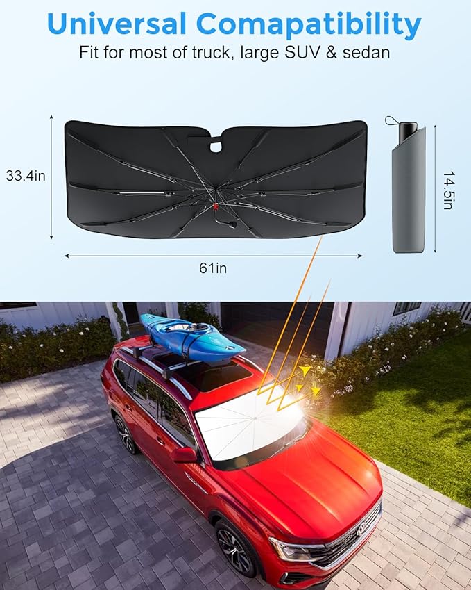 DMJN Umbrella Windshield Sun Shade - Large, Car Sunshade for Front Windshield [Nano Ice-Crystal Coatings] UPF50+ Heat & UV Block, Protect Interior & Keep Cooler Universal for Car, SUV, Truck