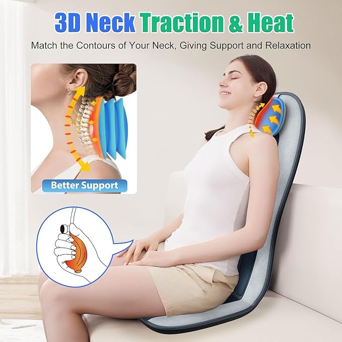 Vibration Back Massager with Heat for Chair, Massage Pad with Neck Support, Short Plush Cover, Seat Cushion for Seniors, Office Workers & Family,Fatigue & Pain Relief in Office,Home & Travel