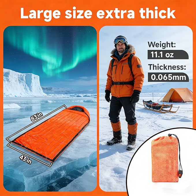 Sleeping Bag, Terrashell Blanket, Emergency Sleeping Bag, Waterproof, Compact Lightweight, Extra Thick, Heat Blanket Survival for Survival Kit Car Camping Gear Hiking Go (65μm) (2PCS)