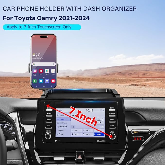 Car Phone Holder Fit for 2021-2024 Toyota Camry 7-inch Screen with Dashboard Organizer Cell Phone Mount Holders Fit for Camry Accessaries Fixed Clip Hands-Free &360°Rotation(Not Fit 9 inch)