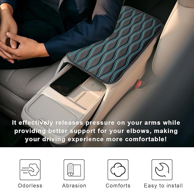 Car Center Console Cushion Pad, 12.48×7.40 Inches Waterproof Car Armrest Seat Box Cover, Comfortable PU Leather Vehicle Armrest Cover Protector, Car Decor Interior Accessories (Black＋Blue)