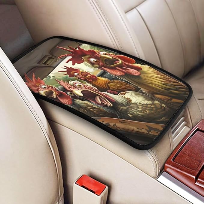 Car Center Console Cover Funny Chicken Print Auto Accessories Neoprene Armrest Cover Cute and Funny Animal Armrest Cushion Pad Soft Cozy Armreat Seat Box Protector Interior for SUV Truck Vans