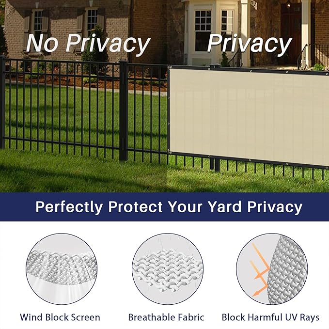 Windscreen4less Privacy Fence Screen Heavy Duty Windscreen Fencing Mesh Fabric Shade Net Cover with Brass Grommtes for Outdoor Wall Garden Yard Pool Deck, 8'x55' Beige