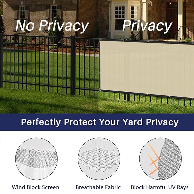 Windscreen4less Privacy Fence Screen Heavy Duty Windscreen Fencing Mesh Fabric Shade Net Cover with Brass Grommtes for Outdoor Wall Garden Yard Pool Deck, 8'x216' Beige