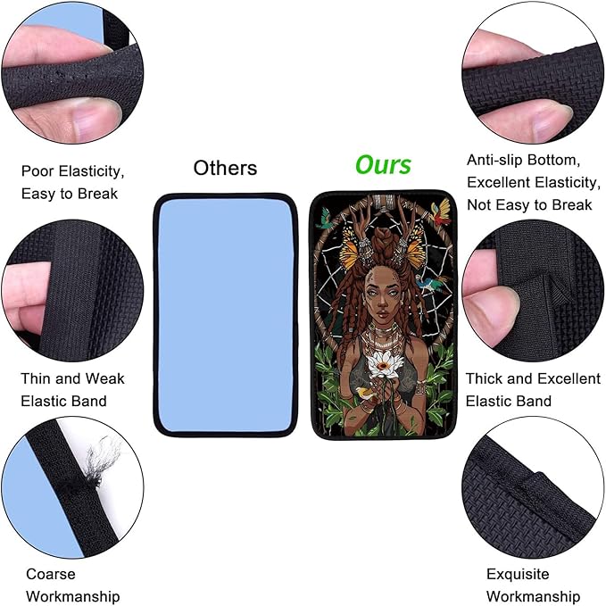 Car Armrest Cover Pads Universal Fashion Cute Auto Center Console Armrest Cover Pad with 2PCS Car Coasters Soft Waterproof Car Armrest Seat Protector for Women, African American Girl
