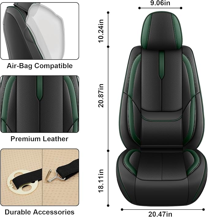 Fit for 98% of Mercedes Benz Car Seat Covers, Premium Nappa Leather Seat Cover, Fully Wrapped Protect Modern Style Seat Cover (2-Seat Standard, Black & Green)