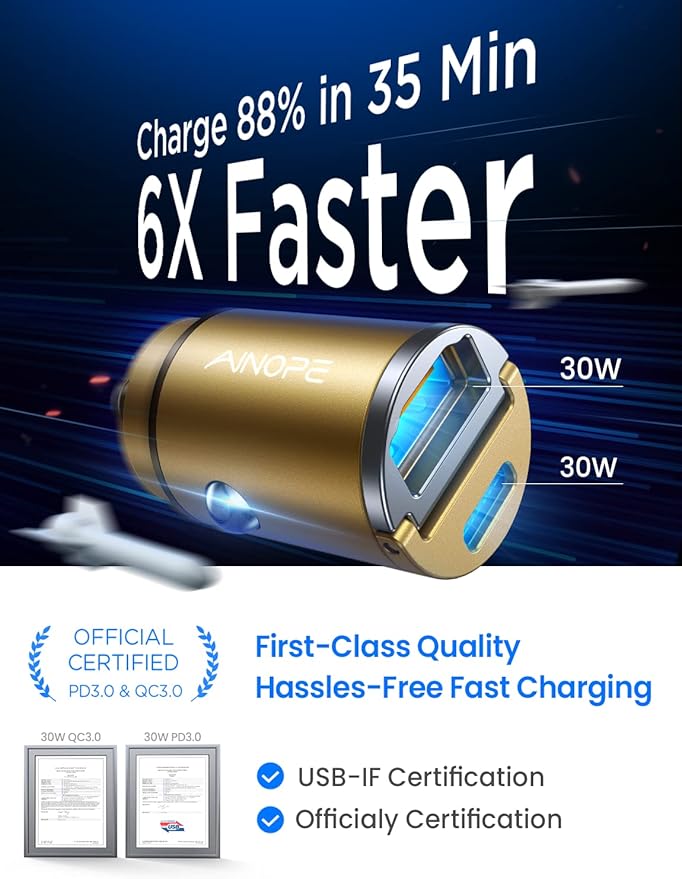 AINOPE 90W USB C Car Charger Fast Charging,[Smallest Metal] Car Charger USB C PD45W+QC3.0 Dual Port Cigarette Lighter Charge for iPhone 16 Pro Max Plus 15 14 13 iPad Samsung, Gold Kits