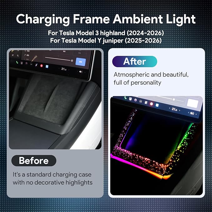 Ambient Lighting Wireless Charging Frame for 2025-2026 Tesla Model Y (Includes Juniper) 2024-2026 Tesla Model 3 PC Stylish Decorative Accessories (Big Starry Sky, Purple)